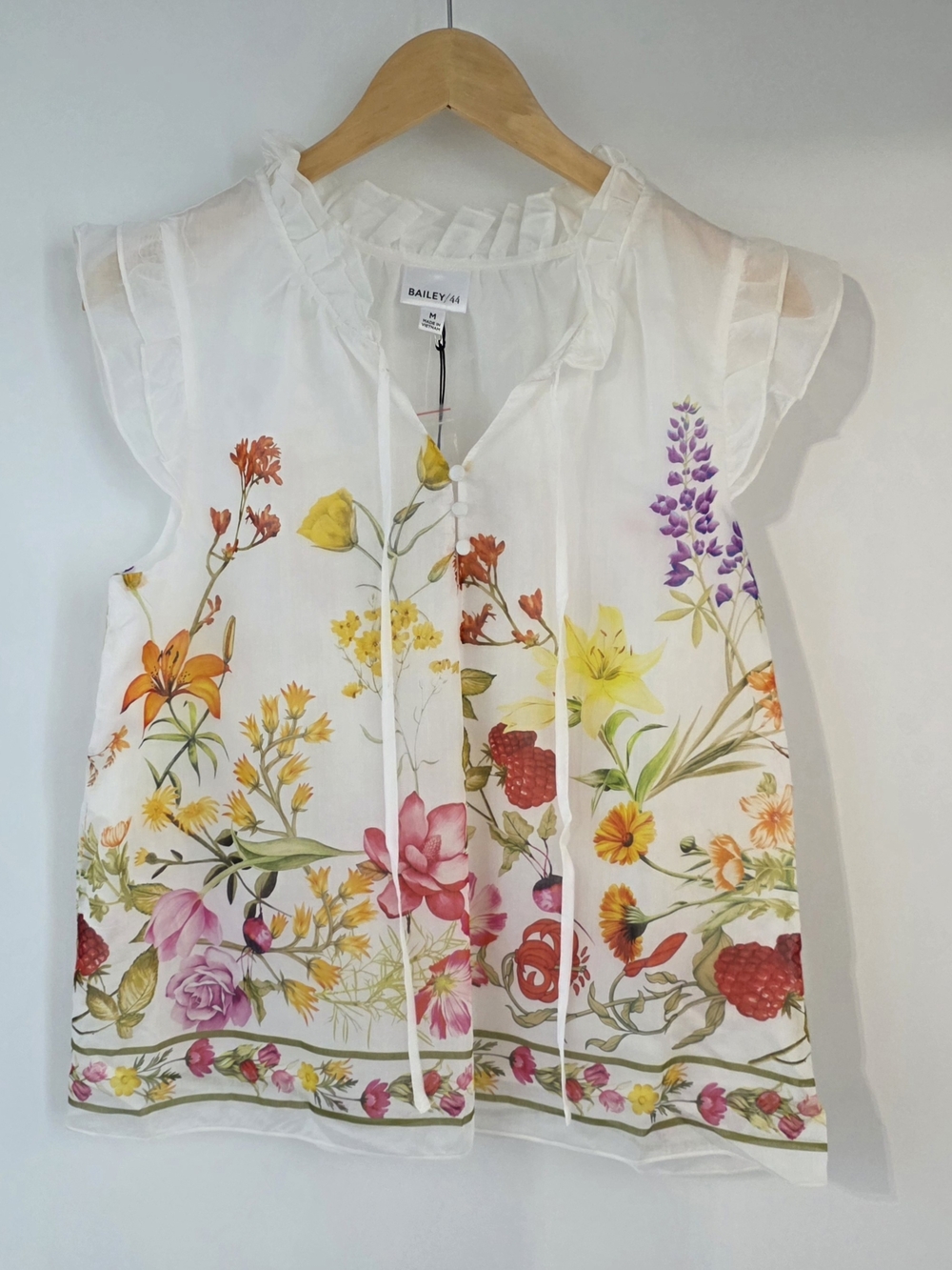 Bailey 44 White w/ Floral Print Ruffle-Trim Sleeveless Tie Front Size Medium